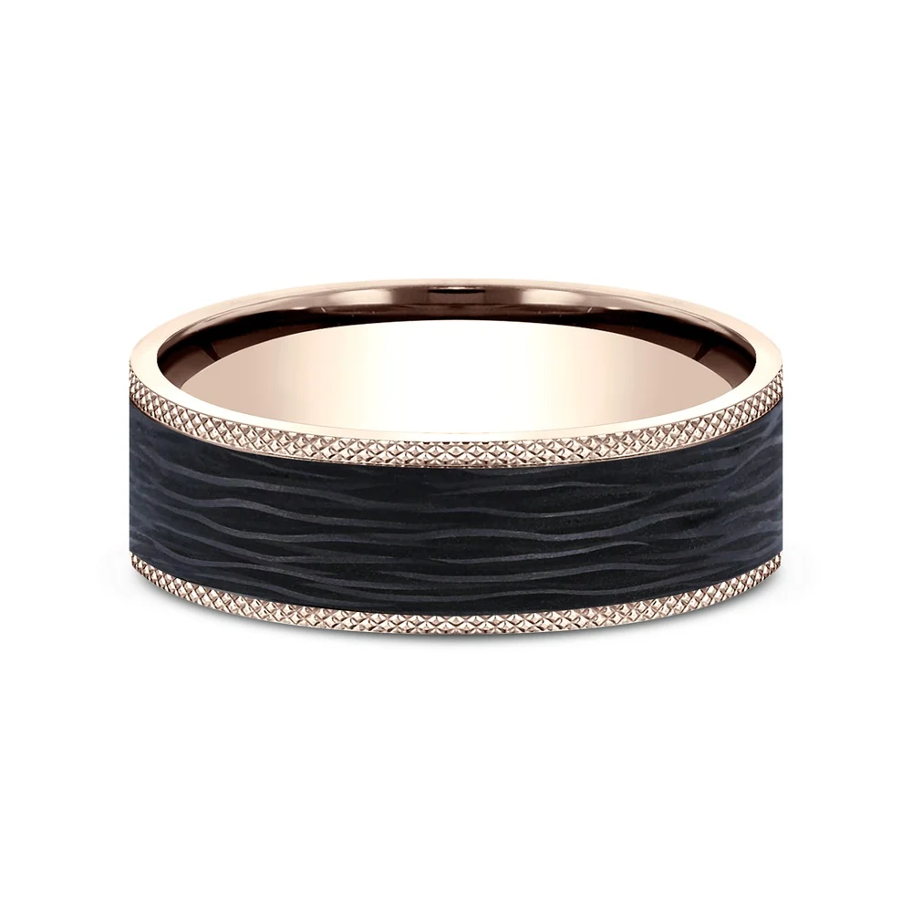The Obsidian Men's Wedding Band in 14K Rose Gold and Forged Carbon Fiber - 7mm Width by Ammara Stone - Image 3