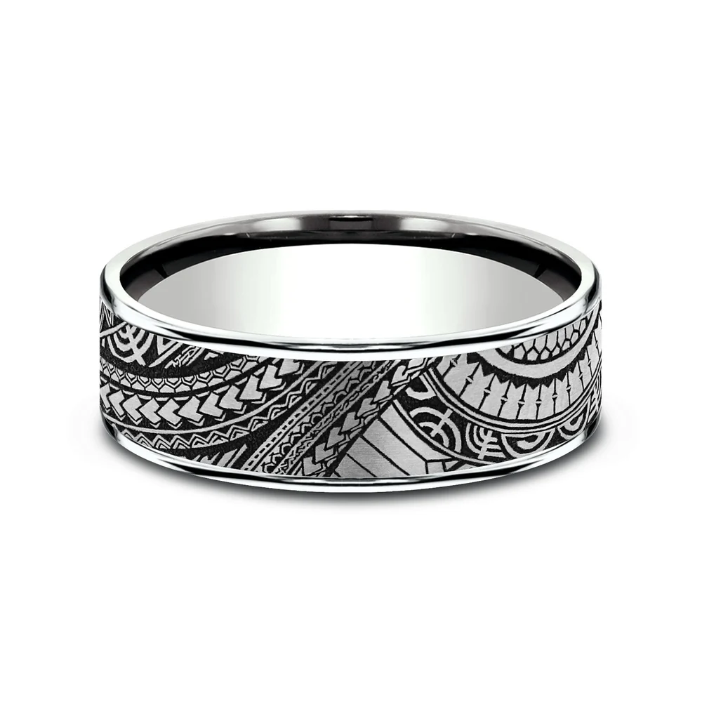 The Polynesian Men's Wedding Band in 14K White Gold and Grey-Black Titanium - 7.5mm Width by Ammara Stone - Image 3