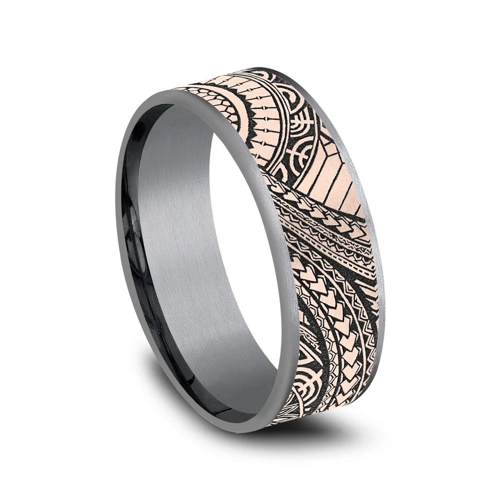 The Polynesian Men's Wedding Band in Grey Tantalum and 14K Rose Gold - 7.5mm Width by Ammara Stone - Image 2