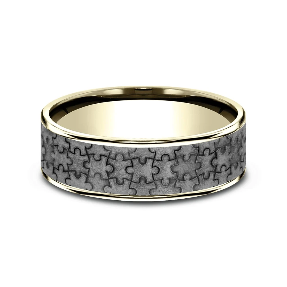 The Puzzle Men's Wedding Band in 14K Yellow Gold and Grey Tantalum - 7.5mm Width by Ammara Stone - Image 3
