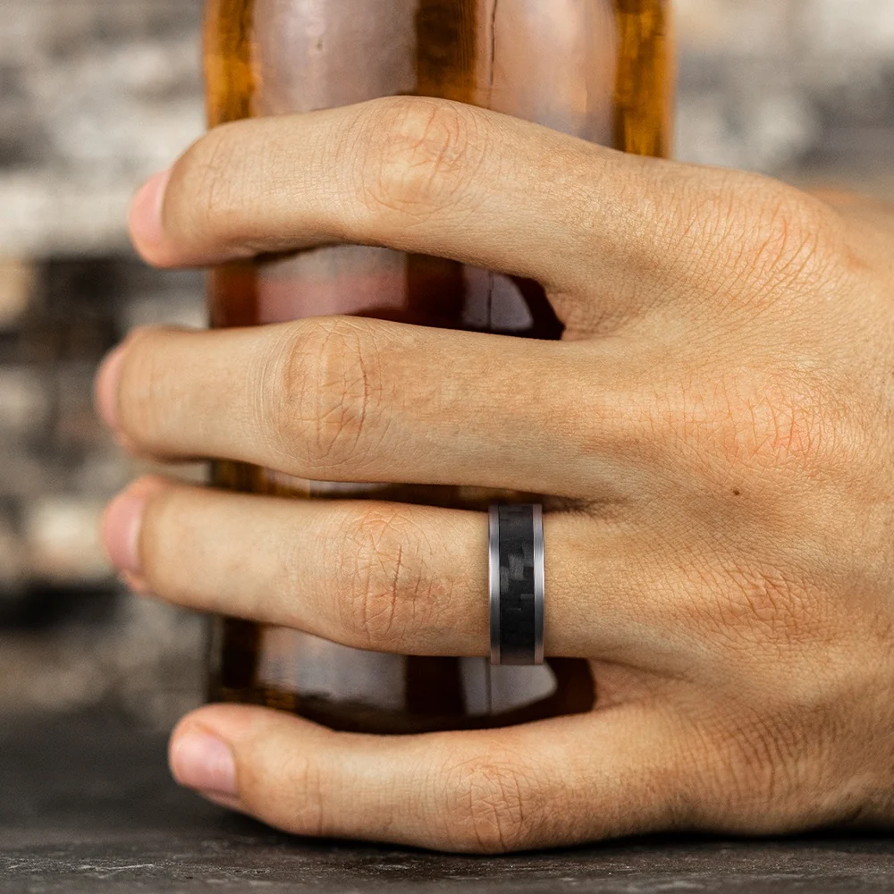 The Senna Men's Wedding Band in Grey Tantalum and Black Carbon Fiber - 8mm Width by Tantalum - Image 5