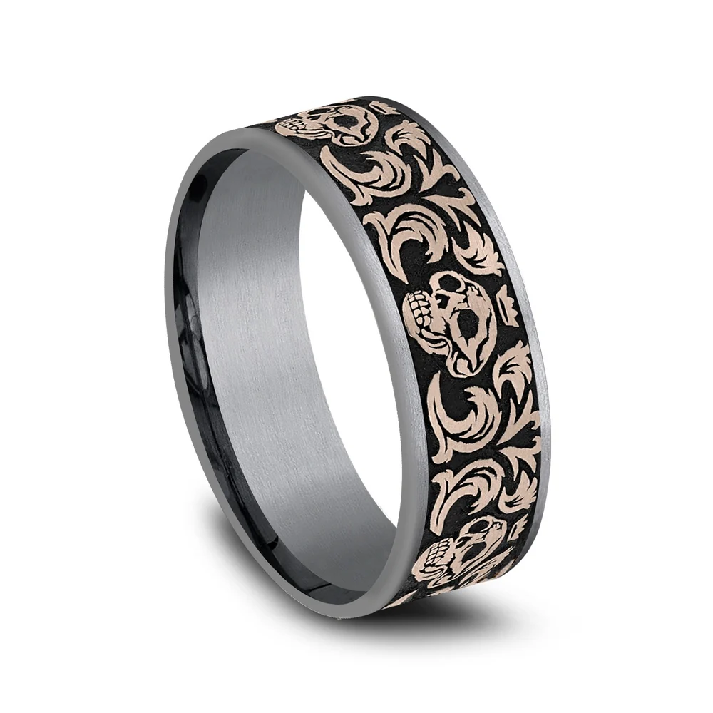 The Skull King Men's Wedding Band in Grey Tantalum and 14K Rose Gold - 7.5mm Width by Ammara Stone - Image 2