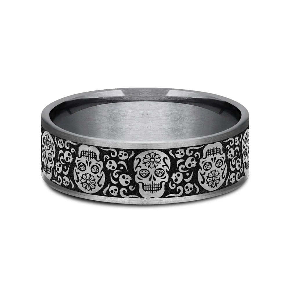 The Sugar Skull Men's Wedding Band in Grey Tantalum and Grey/Black Titanium - 7.5mm Width by Tantalum - Image 3