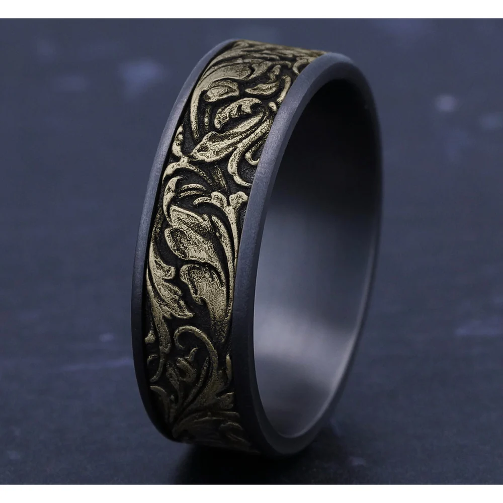 The Vineyard Men's Wedding Band in Grey Tantalum and 14K Yellow Gold - 7.5mm Width by Ammara Stone - Image 4