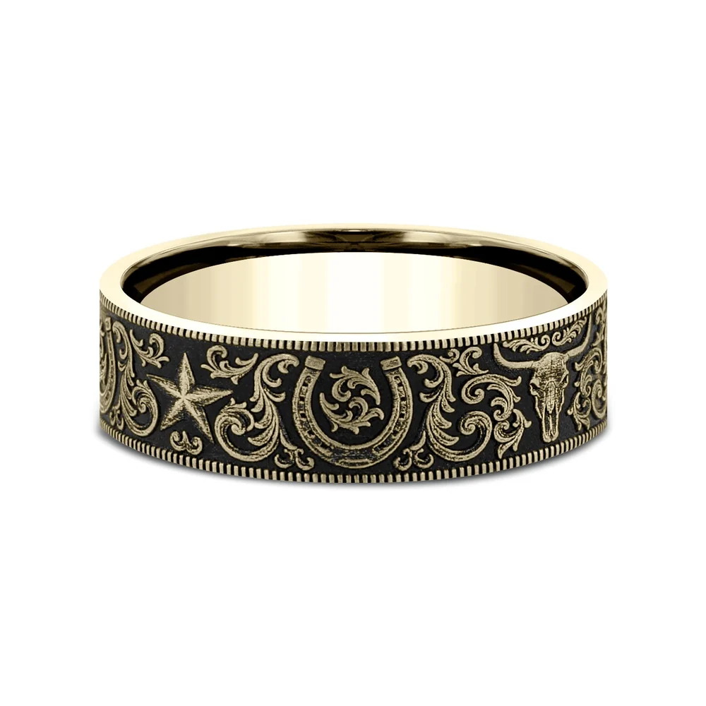 The Western Script Men's Wedding Band in 14K Yellow Gold - 8mm Width by Brook and Branch - Image 3