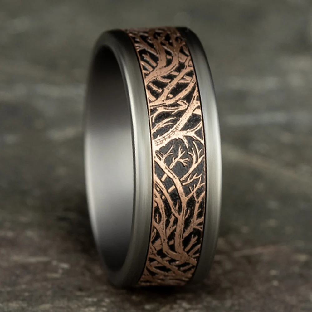 The Windsor Men's Wedding Band in Grey Tantalum and 14K Rose Gold - 8mm Width by Ammara Stone - Image 4