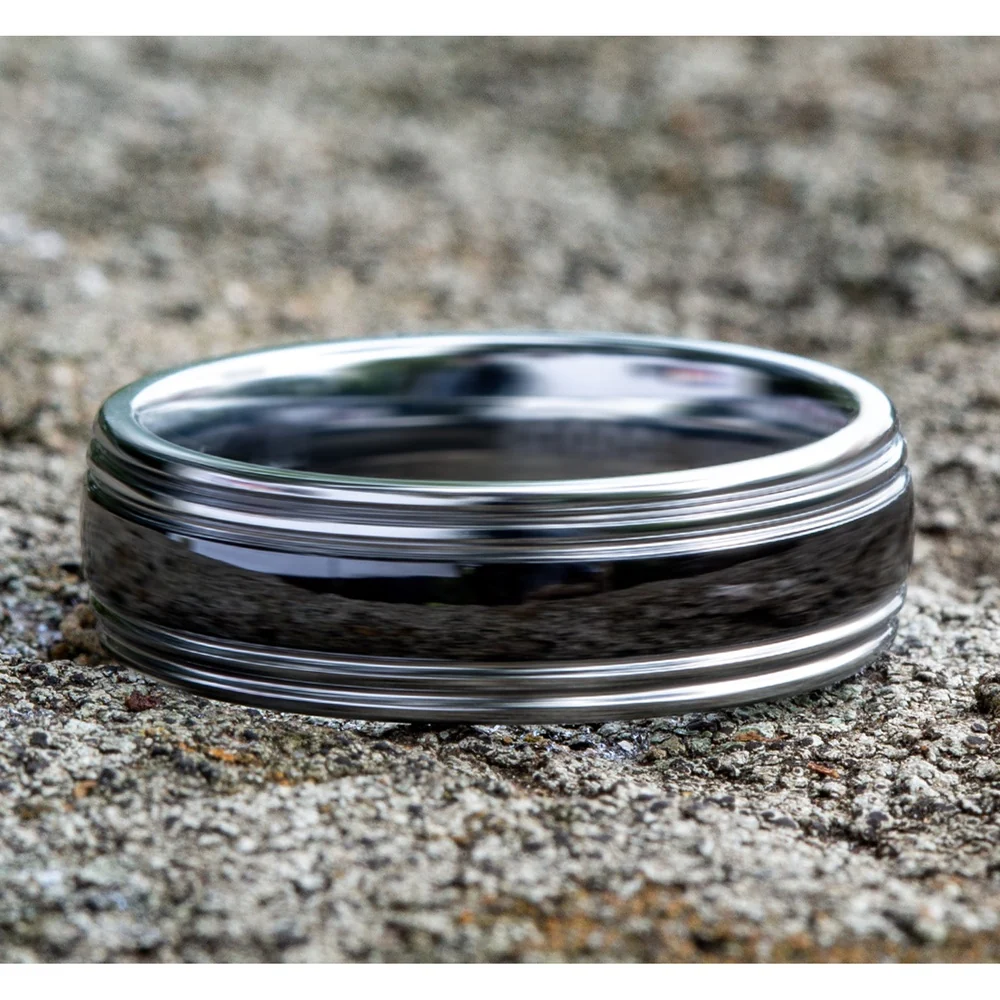 The Wraith Men's Wedding Band in Tungsten and Black Ceramic - 7mm Width by Forge - Image 4