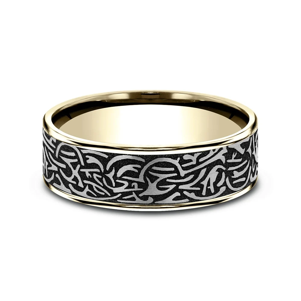 Thors Hammer Men's Wedding Band in 14K Yellow Gold and Grey-Black Titanium - 7.5mm Width by Ammara Stone - Image 3